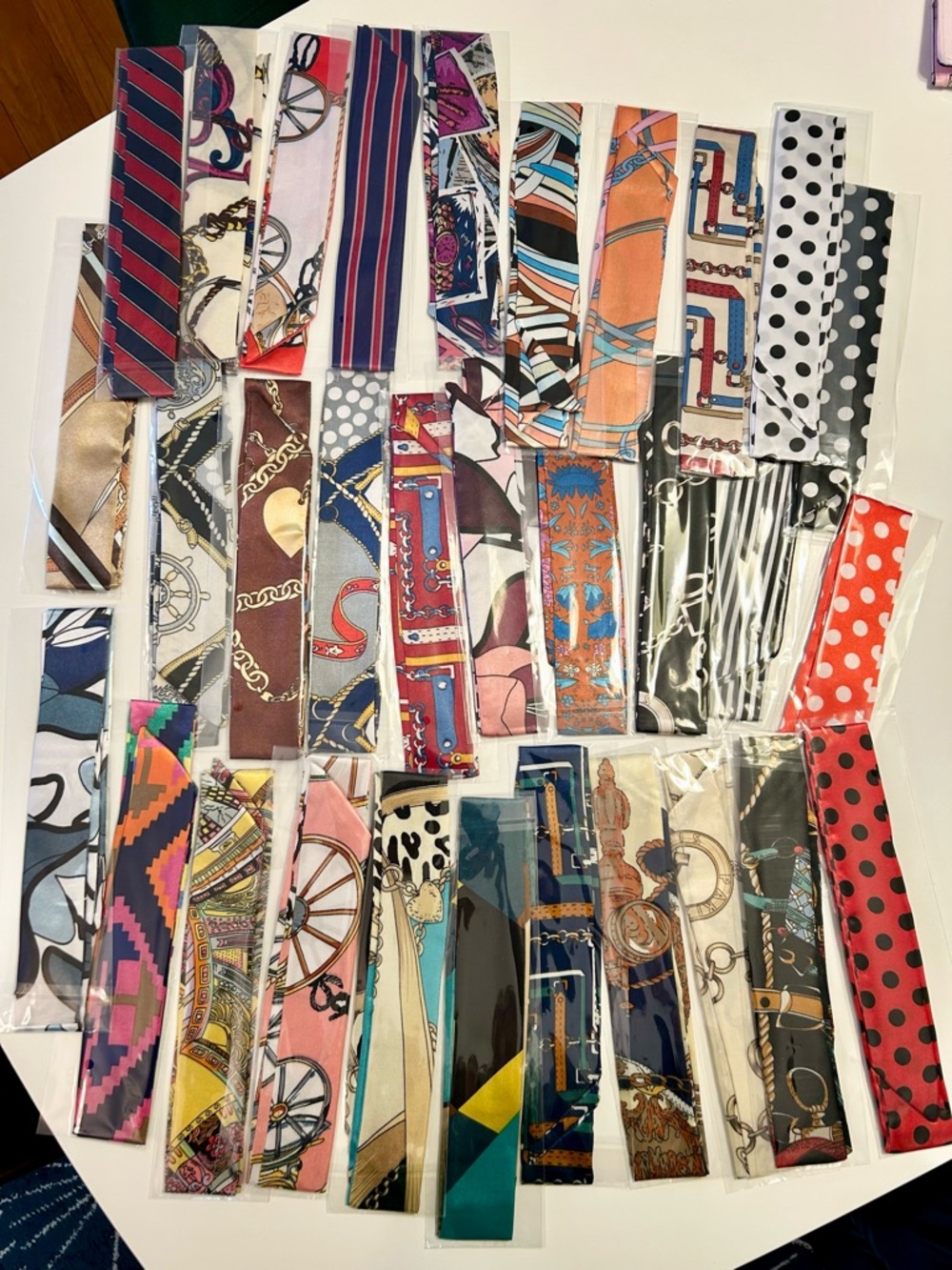 Lot of Skinny Satin Scarf Scarves 32 piece Bundle Mixed Color Designs Brand New!
